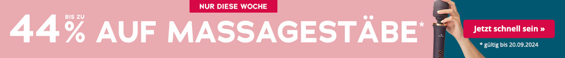 Werbemittel mit zweifarbigem Hintergrund, einmal rosa und einmal petrol farbig. In weißer Schrift steht großflächig geschrieben 'Bis zu 44% auf Massagestäbe'. Oben ist ein rot hinterlegtes Verknappungselement 'Nur diese Woche'. In kleiner, weißer Schrift steht unten '*gültig bis 20.09.2024'.