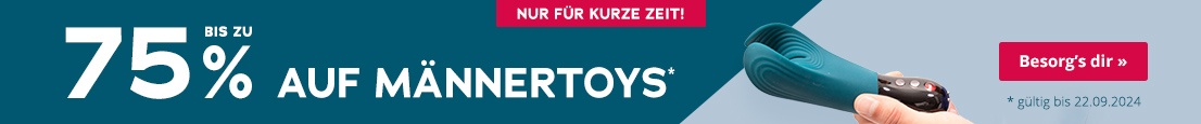 Werbemittel mit zweifarbigem Hintergrund, einmal rauchblau und einmal petrol farbig. In weißer Schrift steht großflächig geschrieben 'Bis zu 75% auf Männertoys'. Oben ist ein rot hinterlegtes Verknappungselement 'Nur für kurze Zeit'. In kleiner, weißer Schrift steht unten '*gültig bis 15.09.2024'.